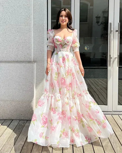Weitese Formal Wear Dresses Floral Sweetheart A-Line Half Sleeves Chiffon Long Party Dress Prom Dresses Shops Formal Women's Dresses